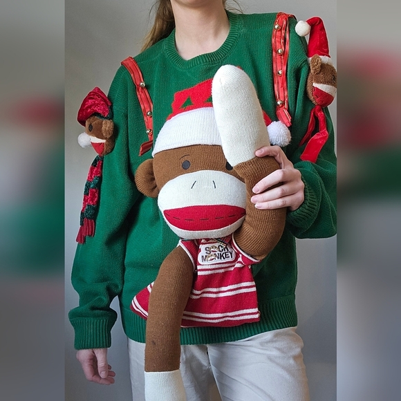 Handmade Ugly Christmas Sweater Massive Plush Sock Monkey Tommy Hilfiger XL - Picture 1 of 11